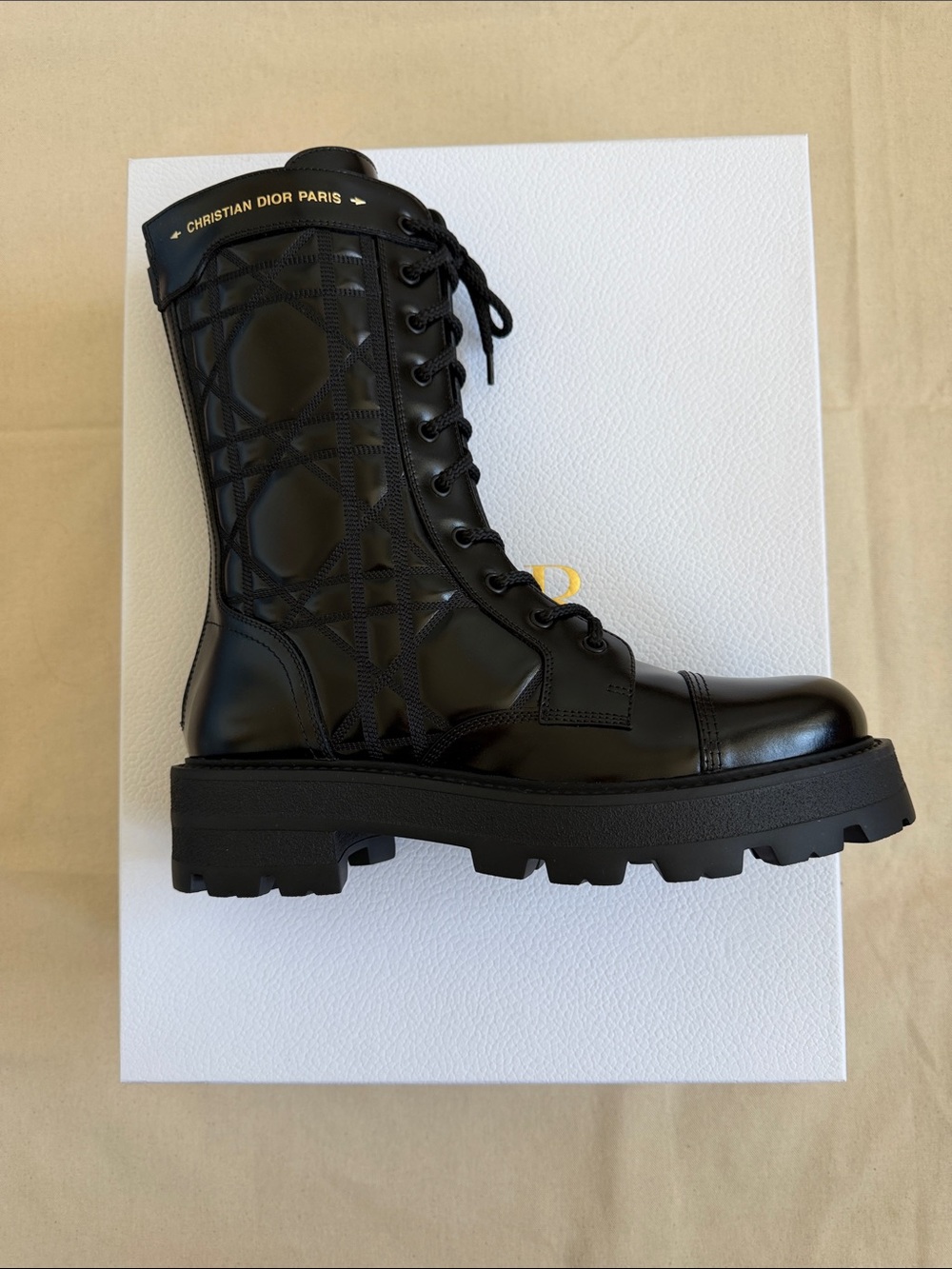 Dior Women's Black Leather Lace-Up Combat Boots with Dior Oblique Detail